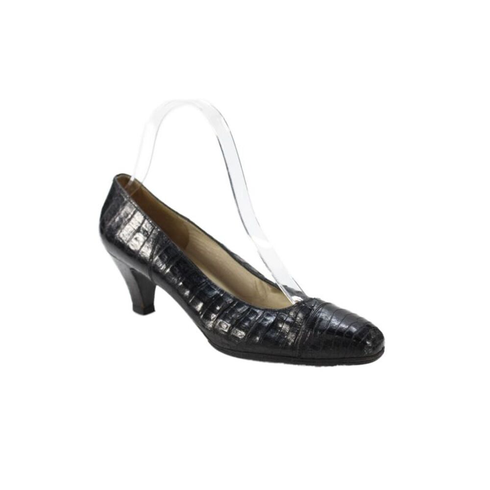 Rene Mancini Womens Embossed Leather Slip-On Pump Heels Black Size 7